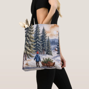 Boy Pulling a Sled With Christmas Evergreen Boughs Tote Bag