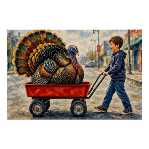 Boy Pulls Turkey in Red Wagon, Poster