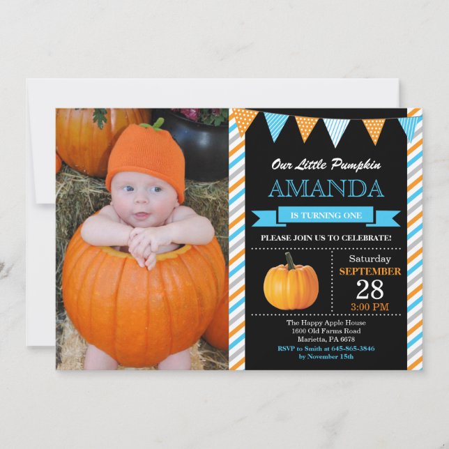Boy Pumpkin Birthday Invitation Orange and Blue (Front)