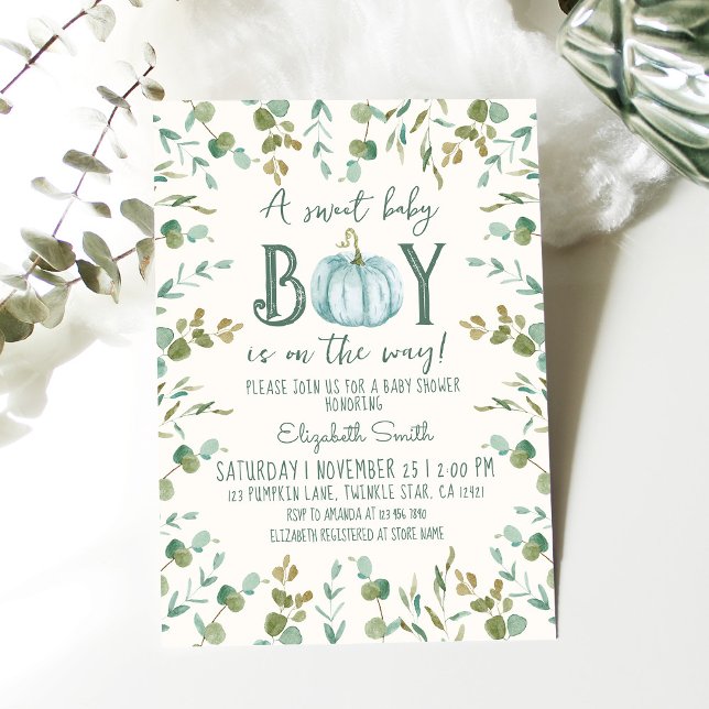 Boy Pumpkin & Eucalyptus Baby Shower Invitation (Creator Uploaded)