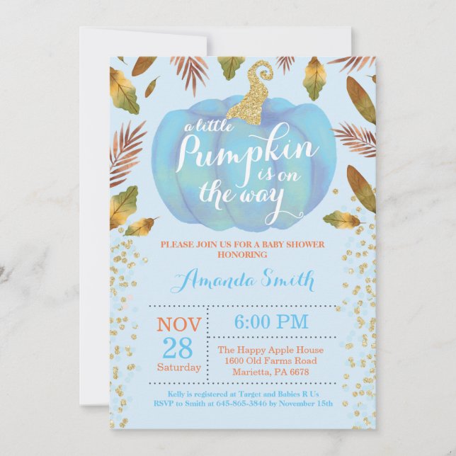 Boy Pumpkin Fall Baby Shower Invitation Gold (Front)