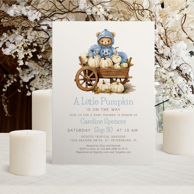Boy Pumpkin Fall Bear Baby Shower Invitation (Creator Uploaded)