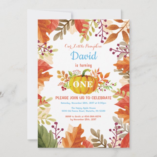 Boy Pumpkin Fall Birthday Invitation (Front)