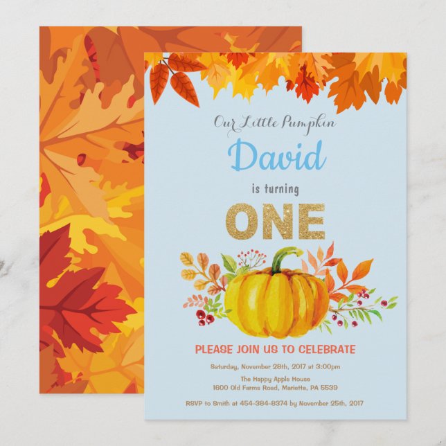 Boy Pumpkin Fall First Birthday Gold Glitter Invitation (Front/Back)