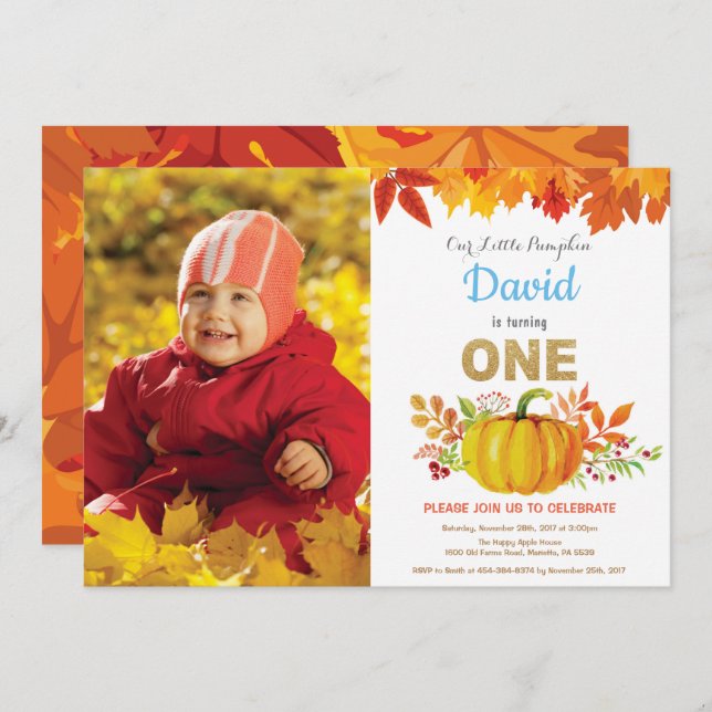 Boy Pumpkin Fall First Birthday Gold Glitter Invitation (Front/Back)