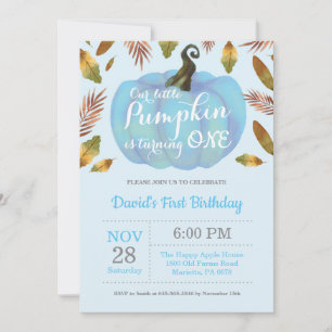 Boy Pumpkin First Birthday Invitation Blue