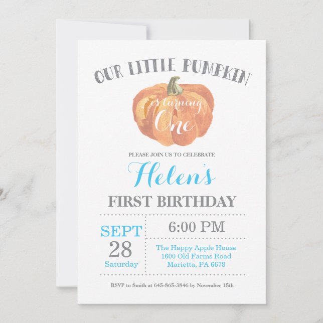 Boy Pumpkin First Birthday Invitation Blue (Front)