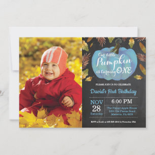 Boy Pumpkin First Birthday Invitation Blue