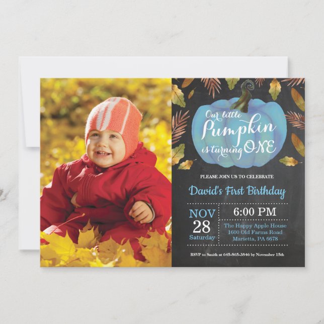 Boy Pumpkin First Birthday Invitation Blue (Front)