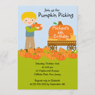 Boy Pumpkin Picking Birthday Party Invitations
