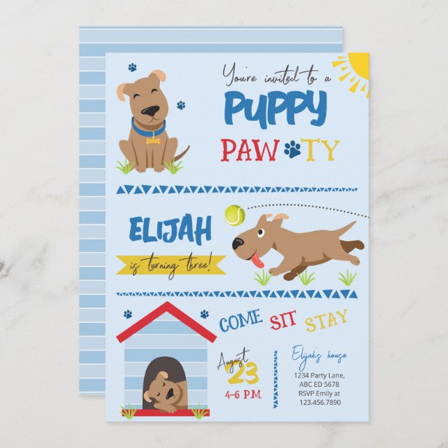Boy Puppy Birthday Pawty  Invitation (Front/Back)