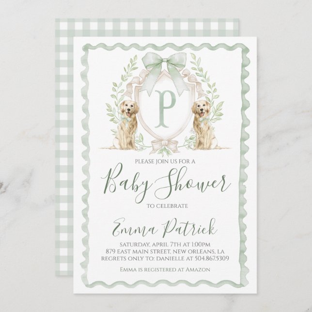 Boy Puppy Dog Baby Shower Preppy Sage Green  Invitation (Front/Back)