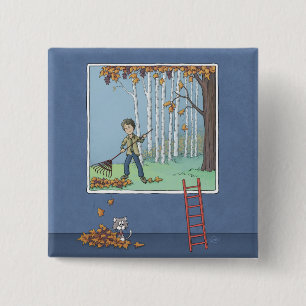 Boy raking leaves Button