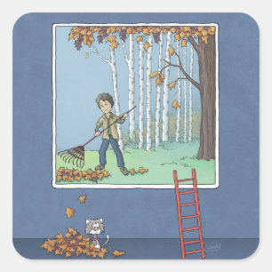 Boy raking leaves square sticker