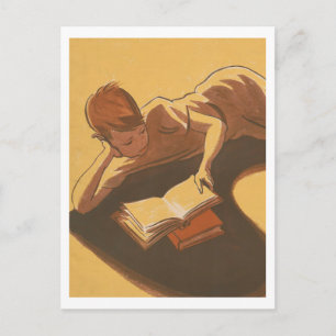 Boy reading book vintage image postcard