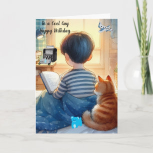 Boy Reading Books with Cat Birthday Card