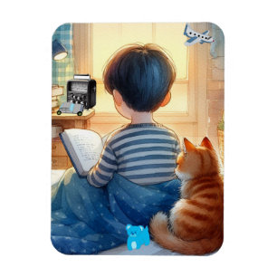 Boy Reading Books with His Cat  Magnet