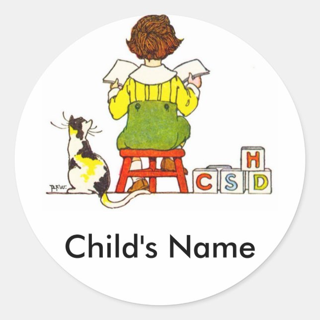 Boy reading classic round sticker (Front)