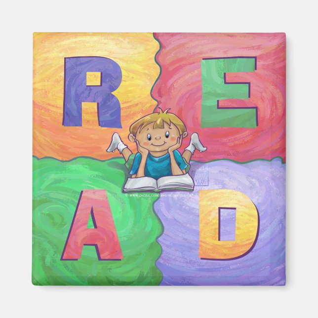 Boy Reading READ Colourful Magnet (Front)