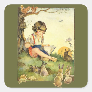 Boy reading under tree with rabbits square sticker