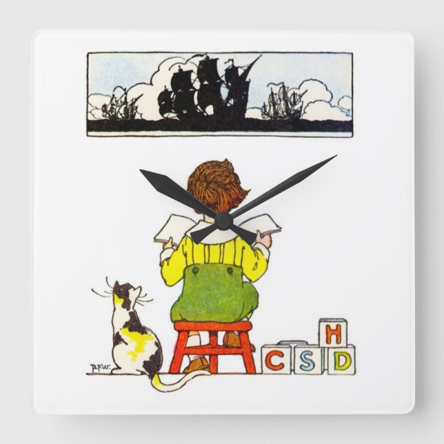 Boy reading with Cat Square Wall Clock (Front)
