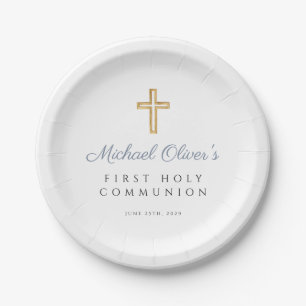 Boy Religious Cross Dusty Blue First Communion Paper Plate