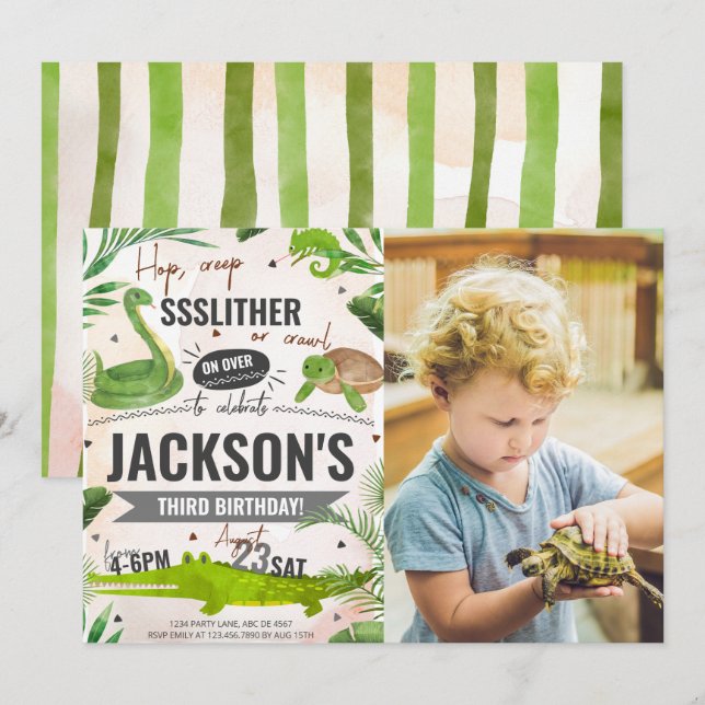 Boy Reptile Birthday Party Photo Invitation (Front/Back)