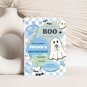 Boy Retro Groovy Little Boo Birthday Party Invitation