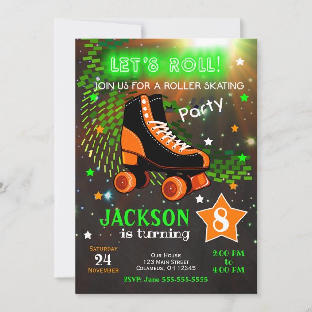 Boy Roller Skating Birthday Invitation Neon (Front)