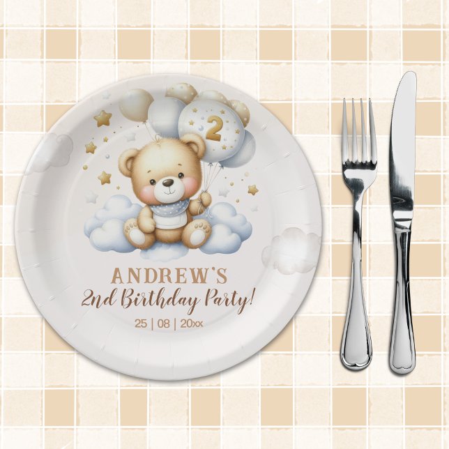 Boy’s 2nd Birthday with Teddy and Clouds Paper Plate (Creator Uploaded)