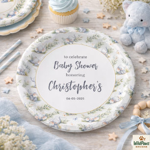 Boy’s Elephant Watercolor Baby Shower –Blue Safari Paper Plate