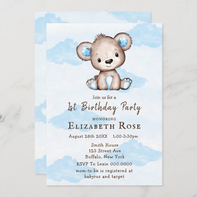Boy’s Watercolor Teddy Bear 1St. Birthday Party (Front/Back)