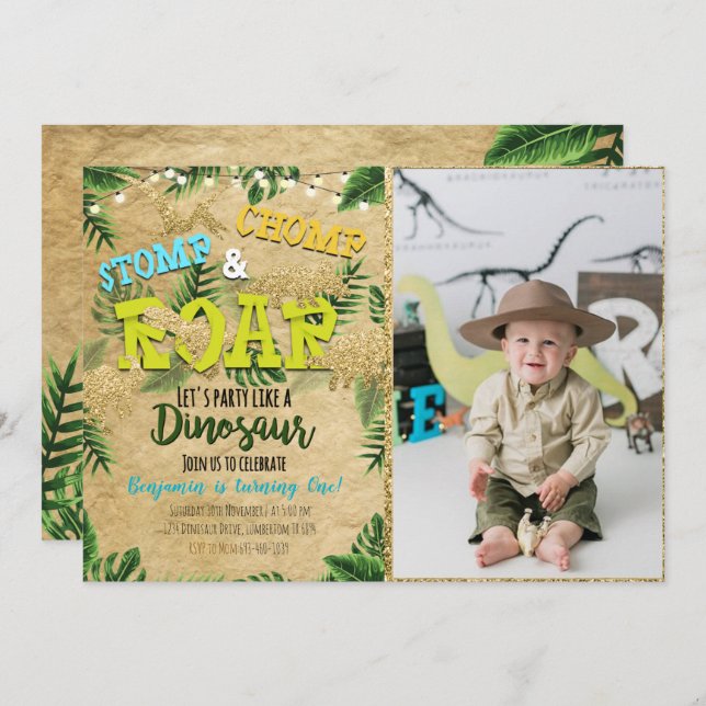 Boy Safari Dinosaur Birthday Invitation With Photo (Front/Back)