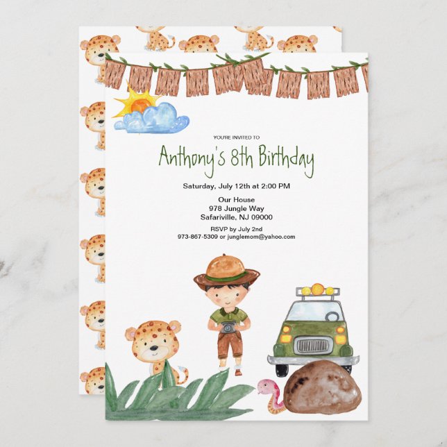 Boy Safari With Jeep In Jungle Birthday Invitation (Front/Back)