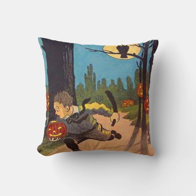 Boy Scared By Jack O' Lanterns Cushion (Front)