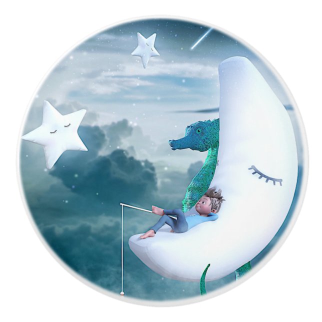 Boy & Seahorse Fishing on the Moon Ceramic Knob (Front)