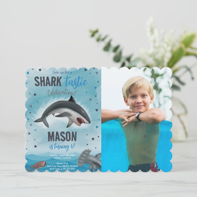 Boy Shark Birthday Shark Tastic Celebration Photo Invitation (Standing Front)