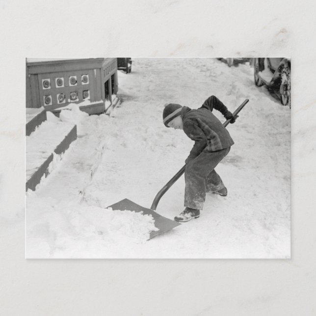 Boy Shovelling Snow, 1940 Postcard (Front)