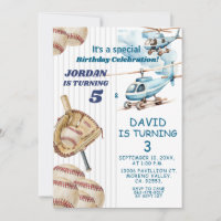 Boy Sibling Baseball and Aeroplane Joint Birthday