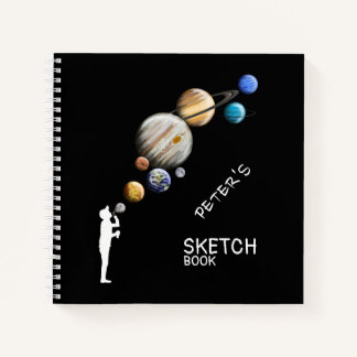 Boy Silhouette Blowing Bubble Planets Monogram Notebook