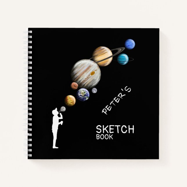 Boy Silhouette Blowing Bubble Planets Monogram Notebook (Front)
