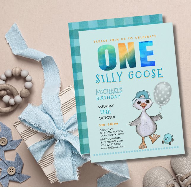 Boy Silly Goose 1st Birthday Blue Plaid Invitation (Boy Silly Goose 1st Birthday Blue Plaid Invitation)