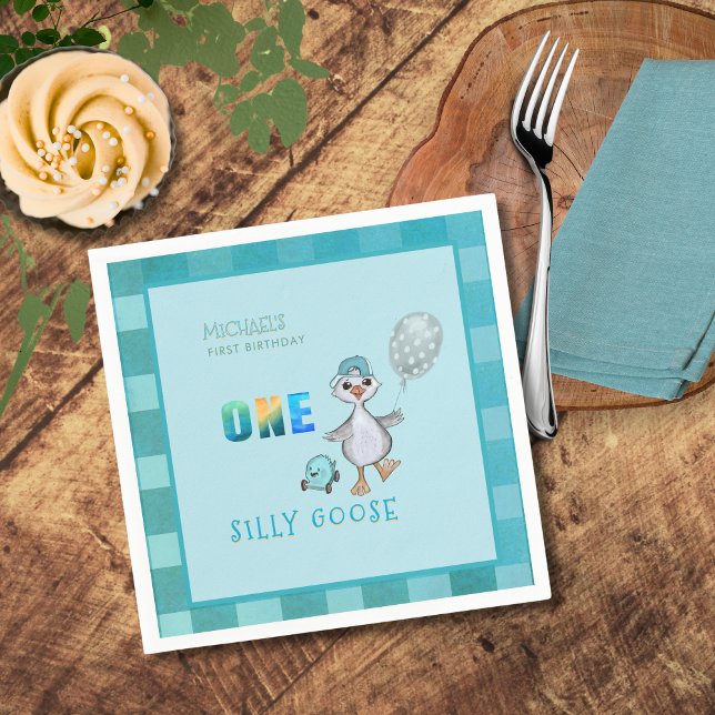 Boy Silly Goose 1st Birthday Blue Plaid  Napkin (Boy Silly Goose 1st Birthday Blue Plaid Napkins)