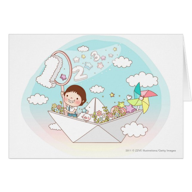 Boy sitting in paper boat (Front Horizontal)