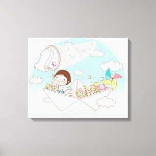 Boy sitting in paper boat canvas print