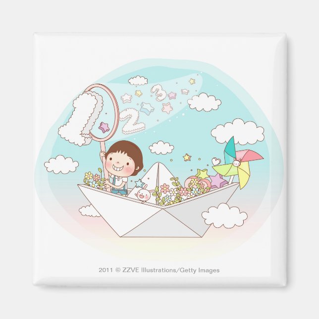Boy sitting in paper boat magnet (Front)