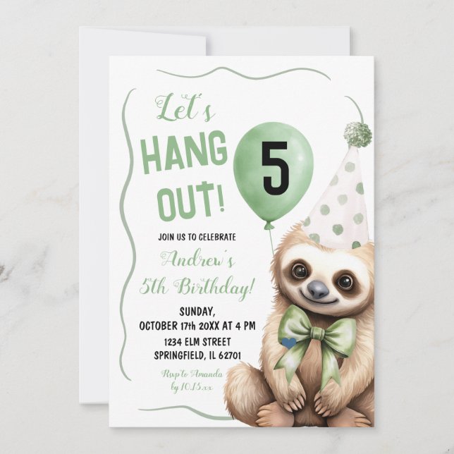 Boy Sloth Green Handdrawn Birthday Invitation (Front)