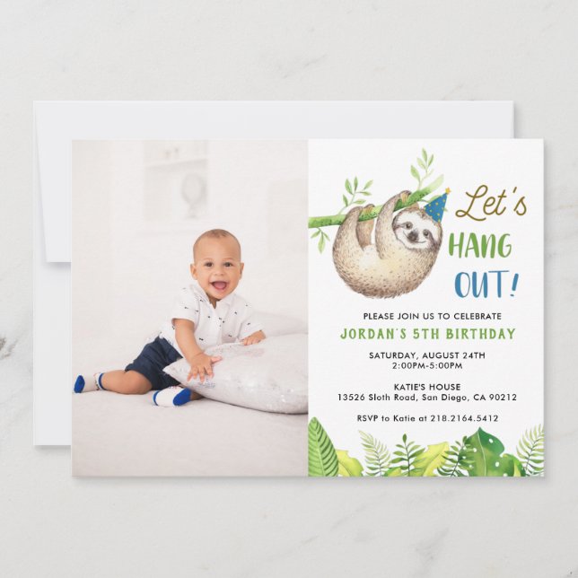 Boy Sloth Themed Birthday Party Photo Invitation (Front)