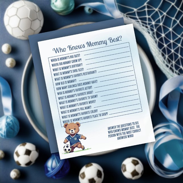 Boy Soccer Baby Shower Who Knows Mummy Best Game (Cute Blue Teddy Bear Soccer Player Boy Baby Shower "Who Knows Mommy Best?" Game Card)