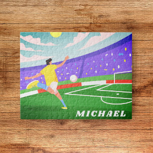 Boy Soccer Player Field Illustration & Kids Name Jigsaw Puzzle